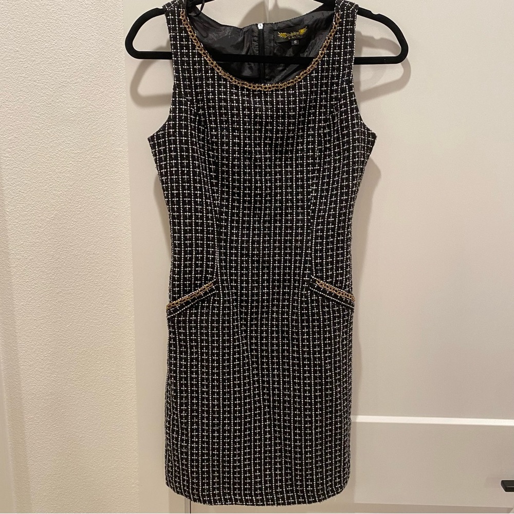 Sleeveless Black Tweed Mini Dress with Gold-Trim Details
